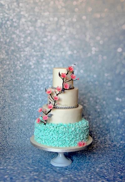Wedding Cake with pink blossom - Cake by Taaartjes