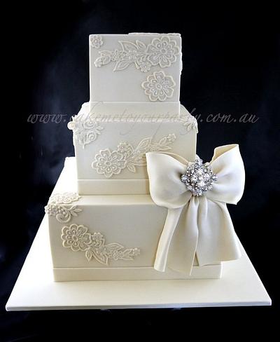 Vintage Lace and Diamonte Bow Wedding Cake - Cake by Leah Jeffery- Cake Me To Your Party