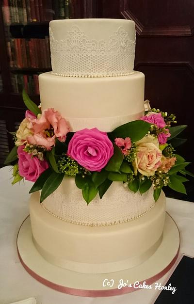 4 tier wedding cake with lace and fresh flowers  - Cake by Jo's Cakes