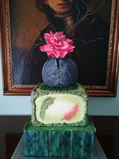 cake with green wood, painted feathers and rock with moss and wafer flower - Cake by Federica Sampò 