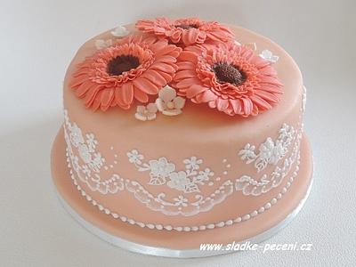 Birthday cake with lace and gerbera flowers - Cake by Zdenka Michnova