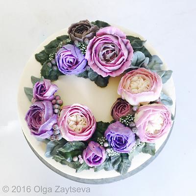 Buttercream David Austin Roses wreath cake - Cake by Olga Zaytseva 