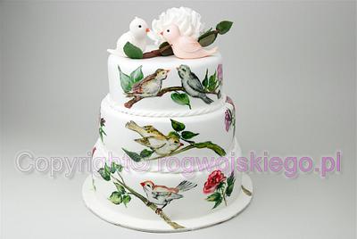 Wedding Cake with birds / ręcznie malowany tort na wesele z ptaszkami - Cake by Edyta rogwojskiego.pl