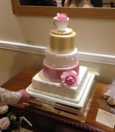 Vintage blush and gold luster wedding cake  - Cake by Rhian -Higgins Home Bakes 