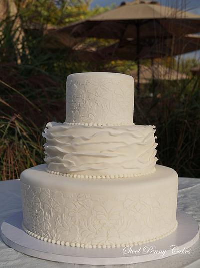 White damask and ruffles wedding - Cake by Steel Penny Cakes, Elysia Smith