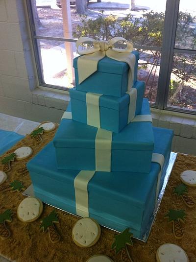 Tiffany Box Wedding Cake with sand dollar and palm tree cookies in edible sand - Cake by Tammy 
