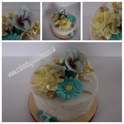 Yellow & blue flowers quilted cake - Cake by Cakes by Julia Lisa