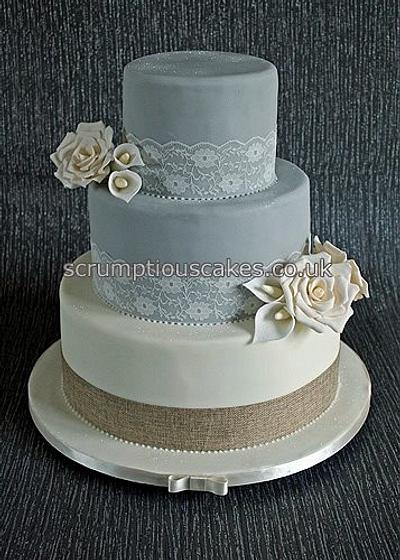 Cream & Grey Lace and Hessian Wedding Cake - Cake by Scrumptious Cakes