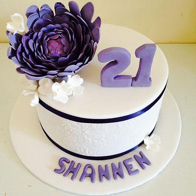 Stencilled 21 st cake with sugar flowers - Cake by Kathy Cope