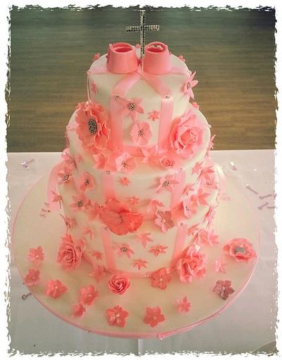 double sided baby girl christening cake with fantasy flowers and booties - Cake by kellywalker123