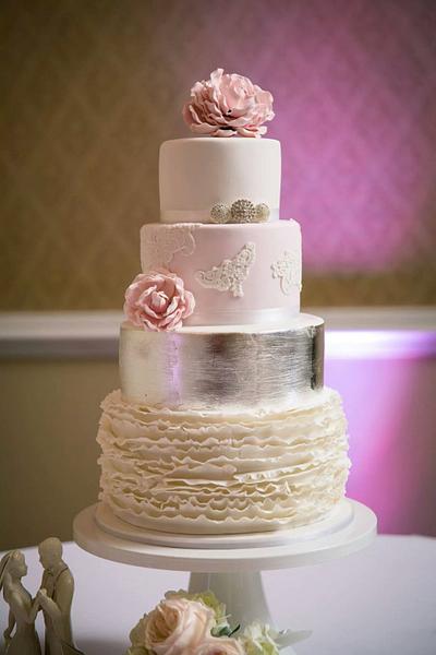 wedding ruffles and silver leafing - Cake by Cakery Creation Liz Huber