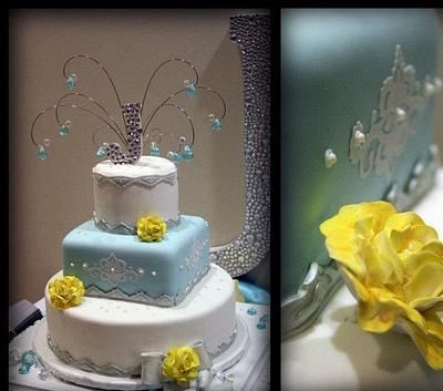 Timarla & David - white with Tiffany blue, silver, and yellow - Cake by Suanne