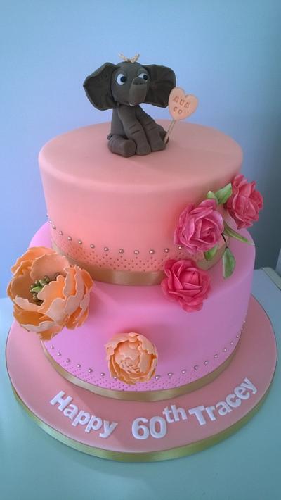 Peachy, Pink & Gold with Elephant Topper - Cake by Combe Cakes