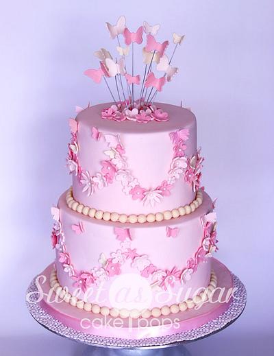 Pink flowers and butterflies - Cake by SweetAsSugar
