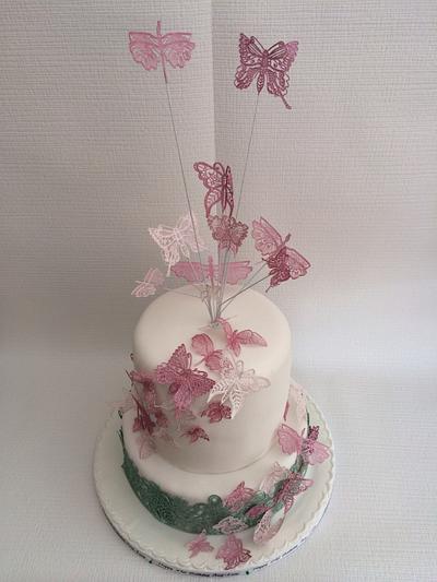 Edible lace butterfly explosion  - Cake by rachelle