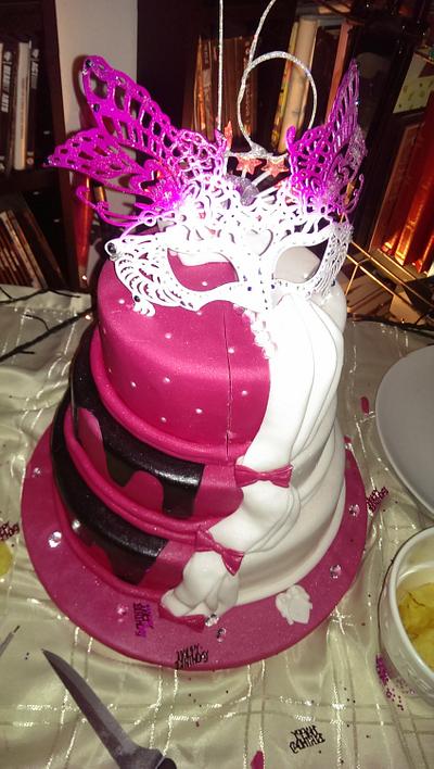 Pink &White Sweet 16th Mask Cake - Cake by Roze's Sweet Delights