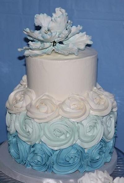 Ombre Blue Rosettes and Peony - Cake by Rosie93095