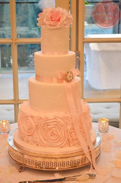 Pink ruffles and roses wedding cake  - Cake by Strawberry Lane Cake Company