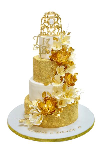 White and gold cake with peonies - Cake by House of Cakes Dubai