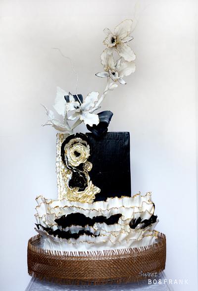 ORCHID CAKE - BLACK ,  WHITE ,GOLD AND FRILLS - Cake by sweetBO&FRANK