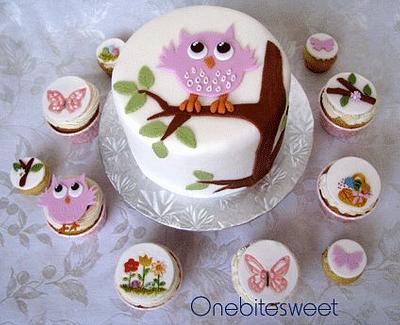 Owl Theme Baby shower cake and cupcakes - Cake by Onebitesweet