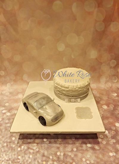 Aston Martin DB9 and matching silver/white ombré ruffle cake and plaque - Cake by White Rose Bakery