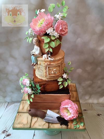 Retirement cake with peonies - Cake by Elaine - Ginger Cat Cakery 