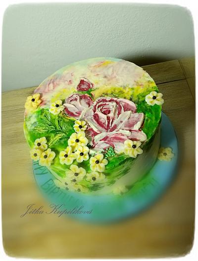 painting roses with buttery cream - Cake by Jitka