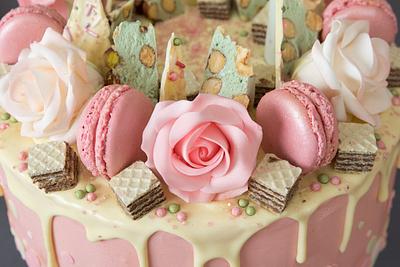 Pink Drippy Cake with Macarons - Cake by Debs Makes Cakes