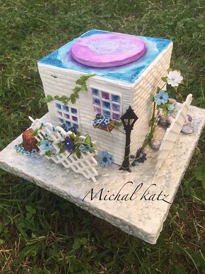 sweet house and forget me not flowers - Cake by michal katz