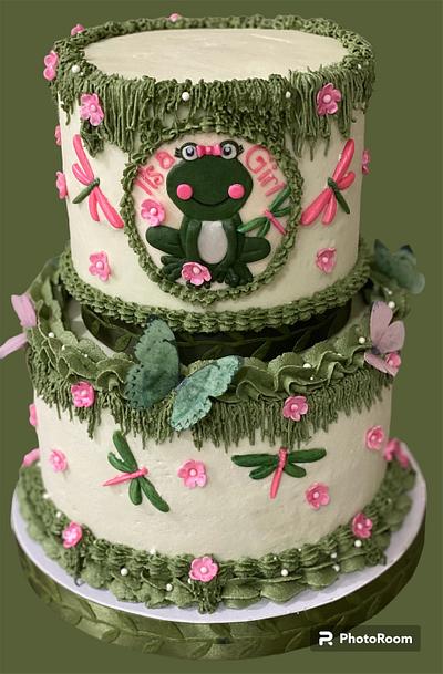 “It’s A Girl” Frog Themed Baby Shower Cake - Cake by Eicie Does It Custom Cakes