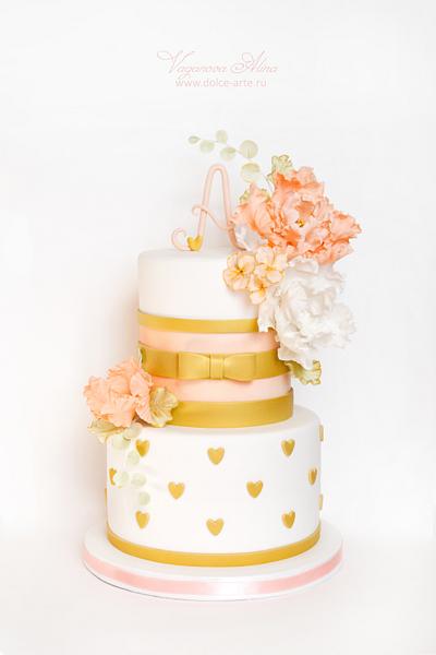 peach & gold wedding cake  - Cake by Alina Vaganova