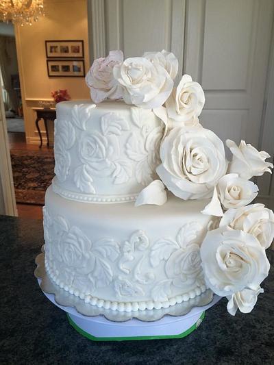 Cascading Roses white Wedding Cake  - Cake by KimmyCakes