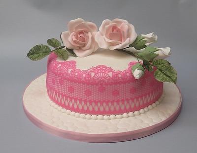pink lace with pink roses cake 3-4-2016 - Cake by MBalaska