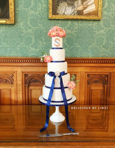 5 tiered coral and navy wedding cake - Cake by Delicious By Linzi