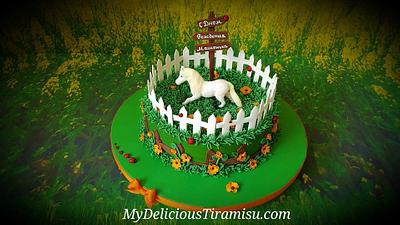 Chocolate Horse on Tiramisu Cake - Cake by Oksana Krasulya - My Delicious Tiramisu LLC