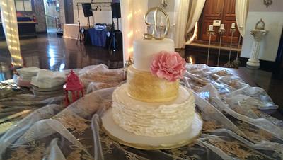 wedding cake, pink peony, ruffels, gold - Cake by blazenbird49