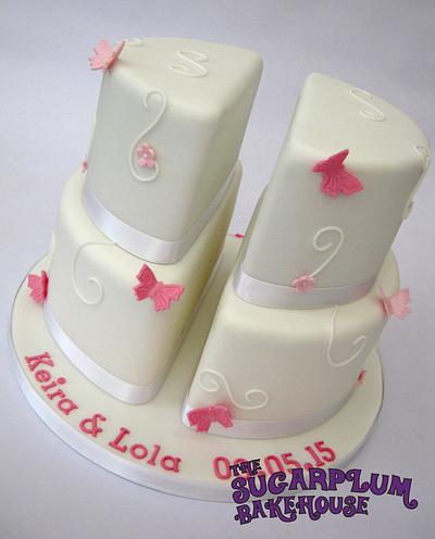 Split 2 Tier Christening Cake for Twins! - Cake by Sam Harrison