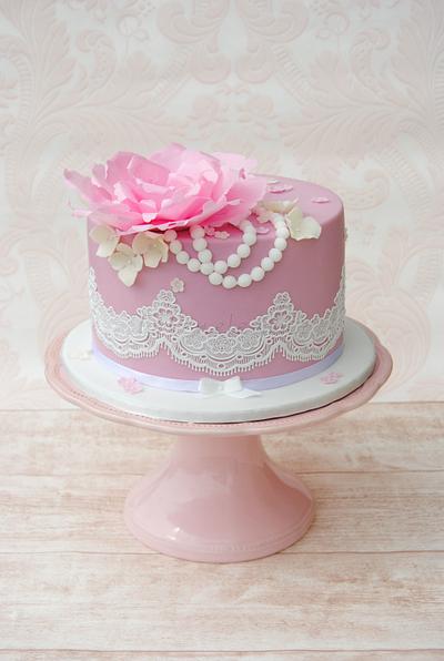Vintage Birthday Cake with Wafer Paper Peony and Lace - Cake by Torteneleganz