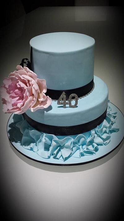 40th birthday cake with blue frills and pink flower - Cake by Five Starr Cakes & Toppers