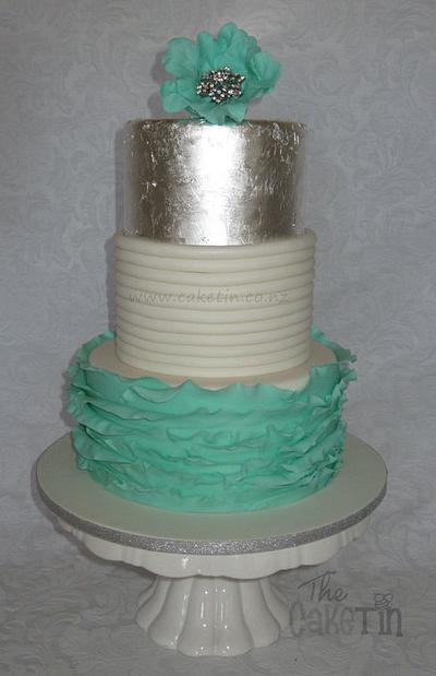 Teal Ruffle and Silver leaf - Cake by The Cake Tin