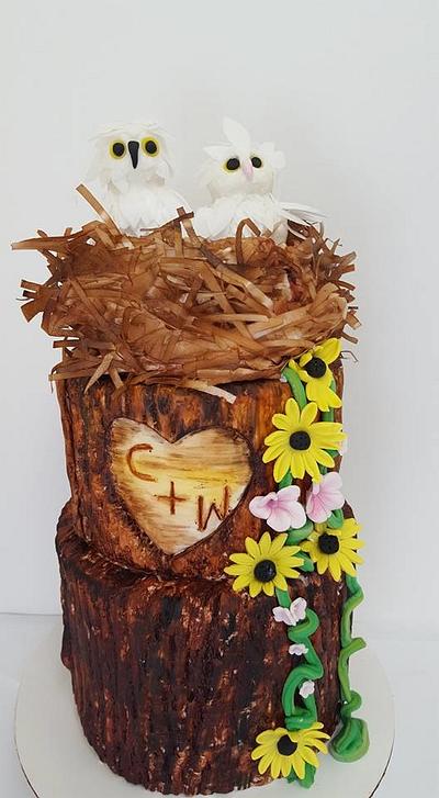 Tree Bark Cake with Owl pair topper in Nest - Cake by Wendy Lynne Begy