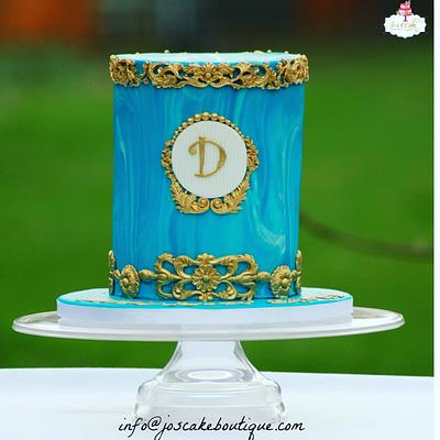 Blue and Gold marbled Fondant with Baroque  - Cake by Joscakeboutique