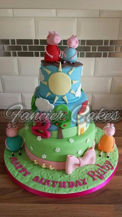 Peppa Pig 3 tier birthday cake.  - Cake by Fancier Cakes