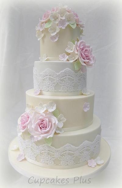 Pink roses and lace wedding cake - Cake by Janice Baybutt