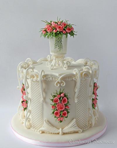 Cake with a bouquet of roses in an openwork vase - Cake by Anastasia