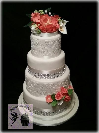 An Ivory and Coral Damask Wedding Cake - Cake by TheSugarCupcakeFairy