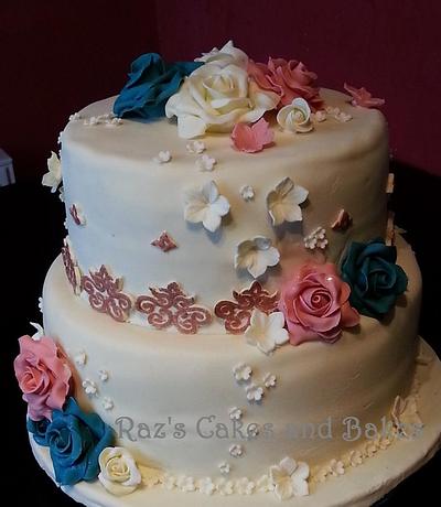 Wedding Cake with Exclusive Hand Crafted Gold Painted Lace  with Vintage Roses  - Cake by RazsCakes