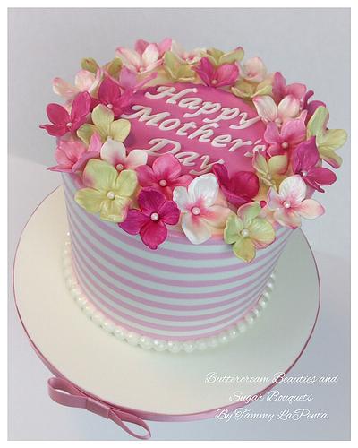 Hydrangea and Buttercream Stripes - Cake by Tammy LaPenta