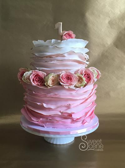 Pink Ombre Ruffles and Gold - Cake by Sweet Scene Cakes